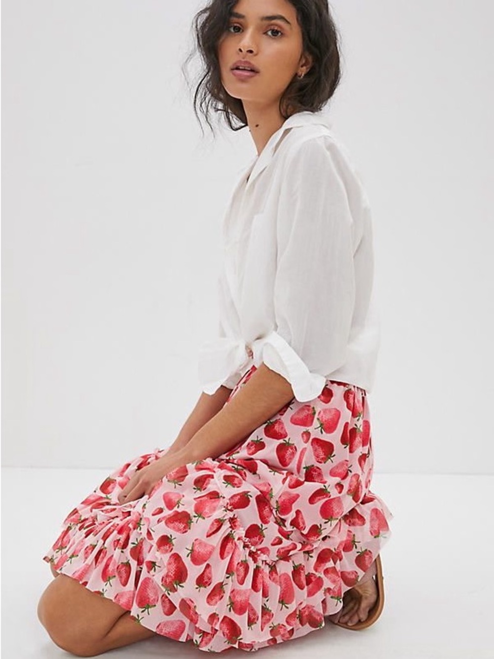 Anthropologie Pink Strawberry Tiered Midi Skirt by Eva Franco